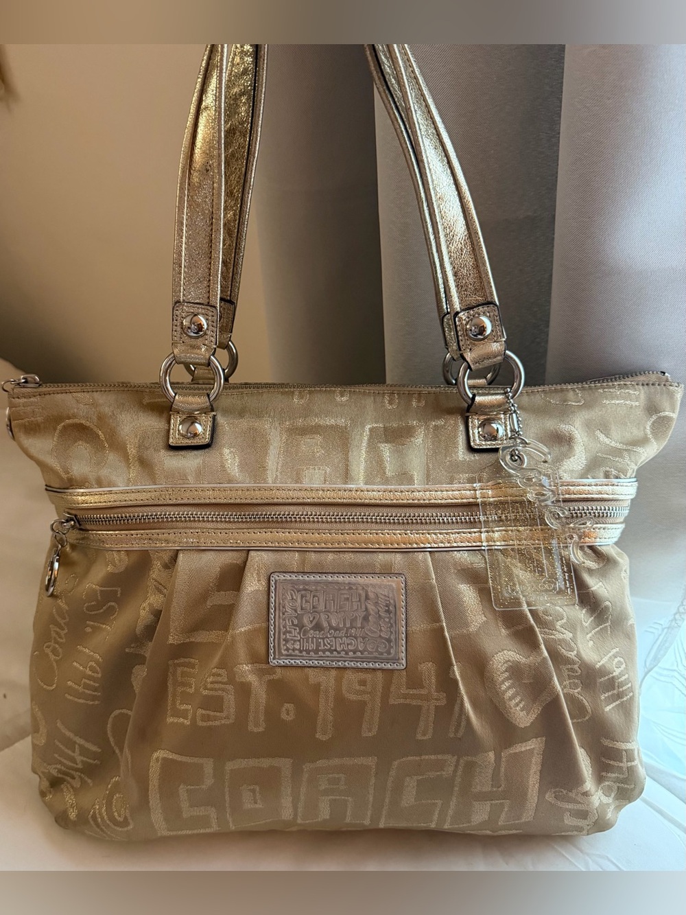 Coach Poppy Story Patch Glam Glamour XL Tote Shoulder Bag 15301 Khaki Gold